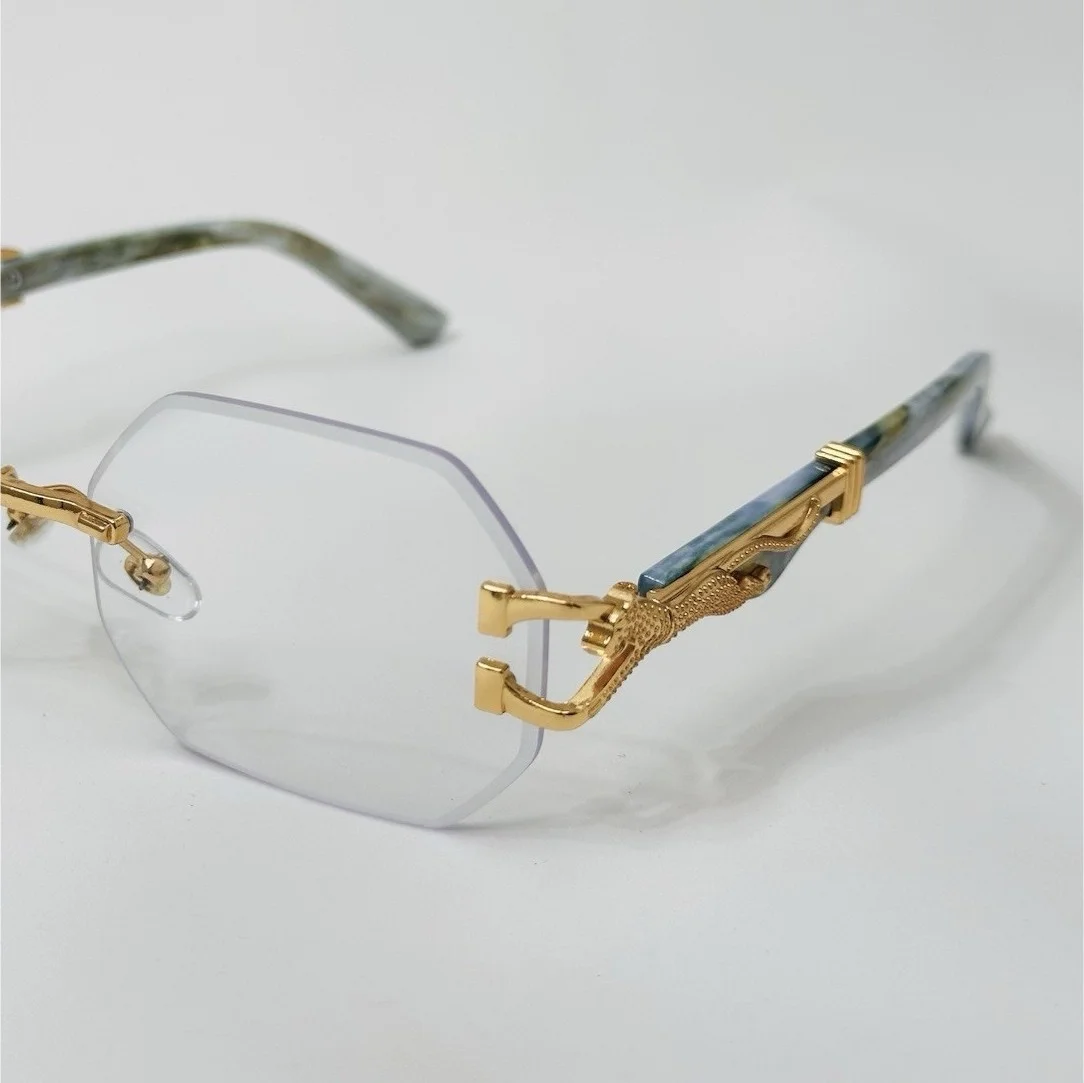 Geometric Gold Marbled Green Rimless Eyeglass Frames Unisex Adults Eyeglasses
