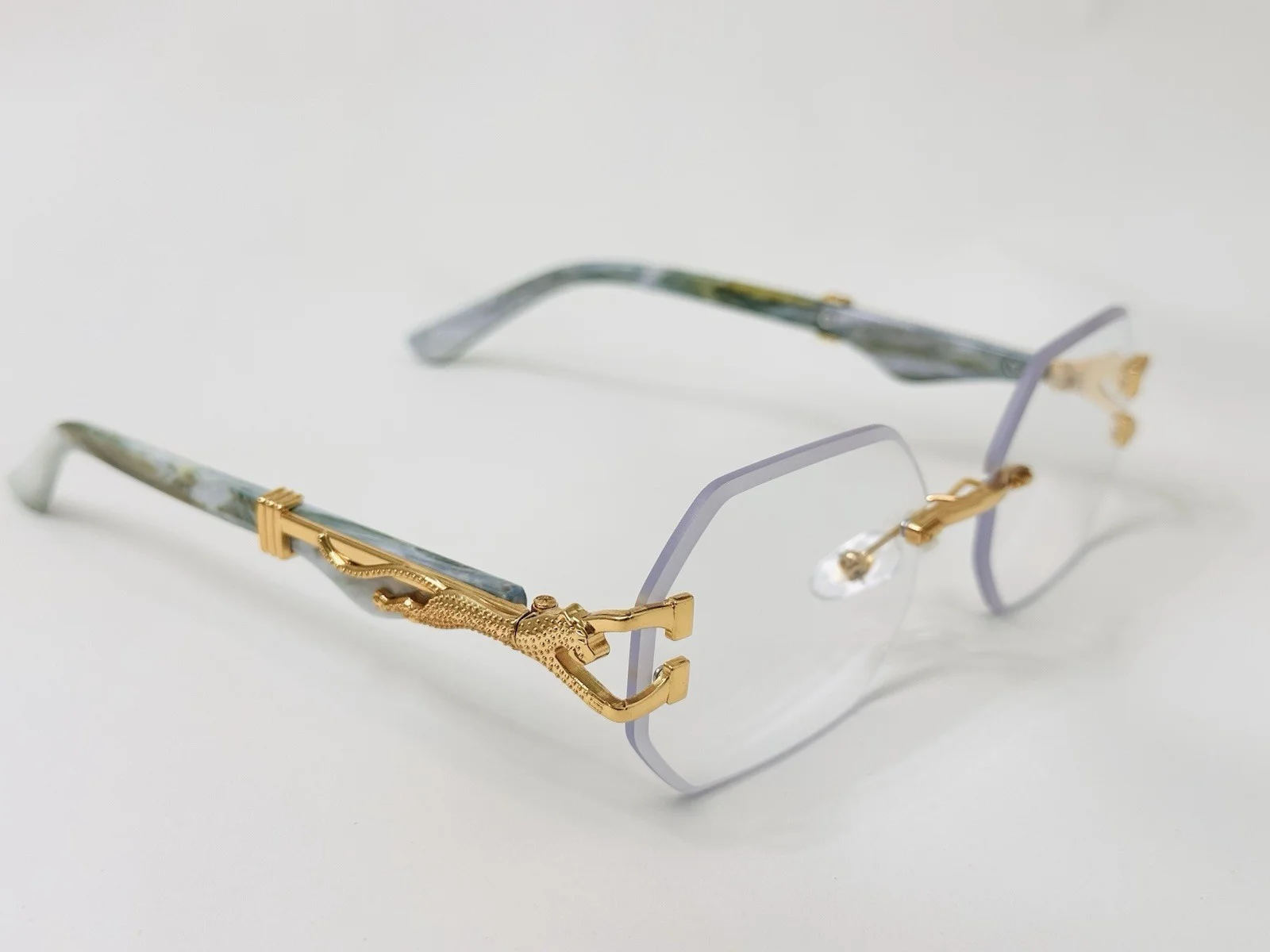 Geometric Gold Marbled Green Rimless Eyeglass Frames Unisex Adults Eyeglasses 2